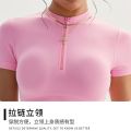 Seamless Yoga Crop Top Women Half Zip Mock Neck Short Sleeve Sports T-shirt Gym Workout Top Slim Fit Fitness Tights Sportswear. 