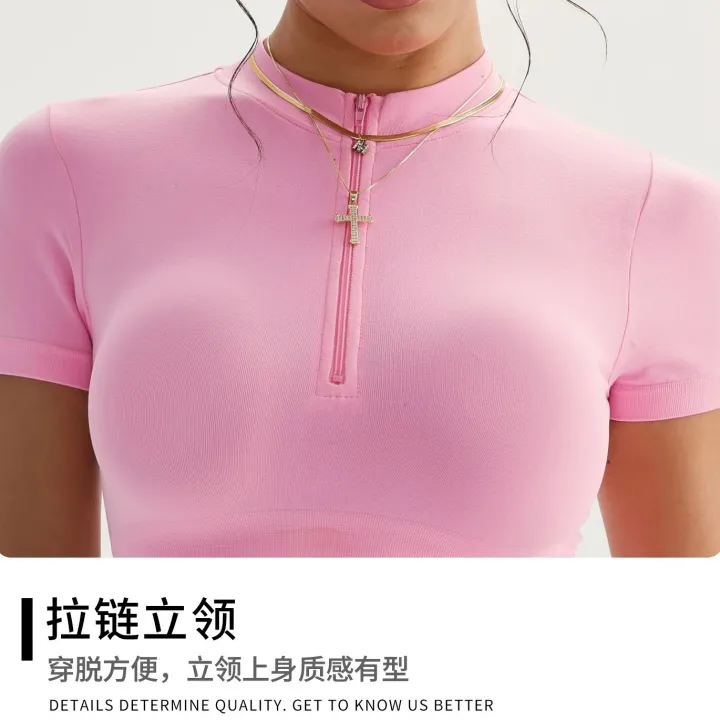 Seamless%20Yoga%20Crop%20Top%20Women%20Half%20Zip%20Mock%20Neck%20Short%20Sleeve%20Sports%20T-shirt%20Gym%20Workout%20Top%20Slim%20Fit%20Fitness%20Tights%20Sportswear%20-%20Image%205
