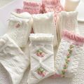 5 Pairs Of Cute Harajuku Lolita White Women's Socks Set Spring And Summer Lace  Cotton Socks  Pink Style Socks With Ruffles. 