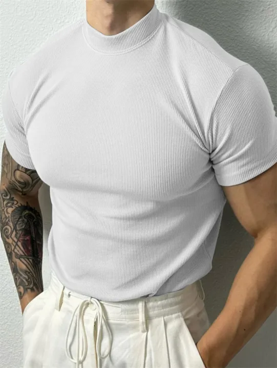 Spring%20Summer%20Fashion%20Men's%20T-Shirt%20Small%20High%20Collar%20Stripe%20Shirt%20Short%20Sleeve%20Fitness%20Top%20Leisure%20Sport%20T-Shirt%20Men%20Sportswear%20-%20Image%205