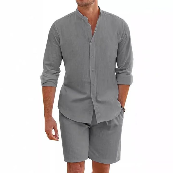 2%20pcs%20Sets%20Men's%20Summer%20Cotton%20Linen%20Shirt%20and%20Shorts%20Cardigan%20Simple%20Casual%20Beach%20Shirts%20Comfortable%20Hawaii%20Wear%20-%20Image%203