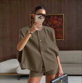2026 Lady Daily Spring Autumn Outfits New Casual Wide Leg Short Pants Set Women Chic Solid Single Breasted Stand Collar Top Suit.