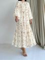 Long-Sleeved Floral Loose-Fitting Elegant Arabic Dress for Women. 