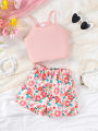 2PCS Summer Children Girl Lovely Clothes Set Pink Sling Short Sleeveless Top+Flower Shorts Daily Casual Wear Kids Girl 4-7 Years. 