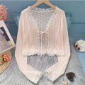 Sheer Lace Cardigan with Lace Trim Tie Front Long Sleeve Crop Top Women Textured Shrug Spring Summer 2026 Shrunken Cardigan.