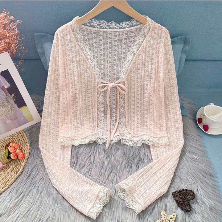 Sheer%20Lace%20Cardigan%20with%20Lace%20Trim%20Tie%20Front%20Long%20Sleeve%20Crop%20Top%20Women%20Textured%20Shrug%20Spring%20Summer%202026%20Shrunken%20Cardigan%20-%20Image%204