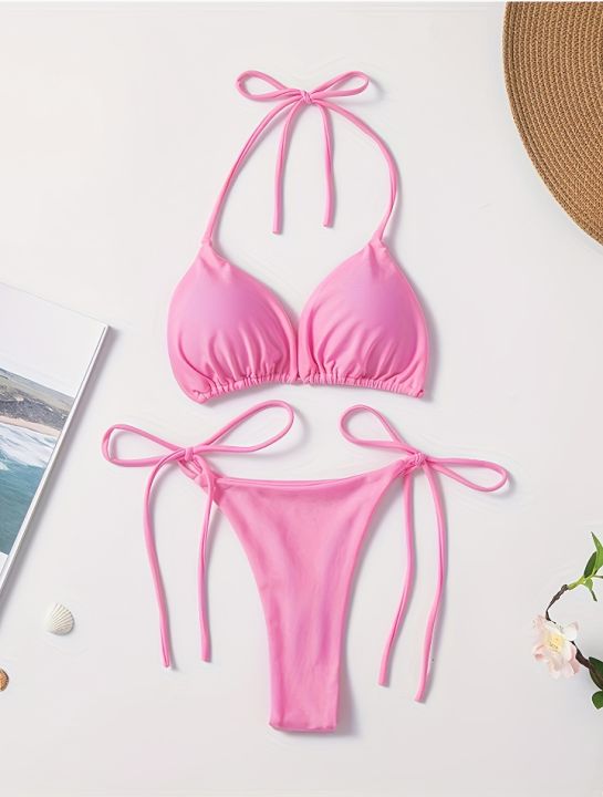 Korean Shine Pink Triangle Bikini  Set