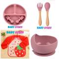 Silicon feeding Set for baby, silicone feeding bowl plate spoon fork set bear spoon fork set suction feeding set for feeding chair BPA free food Grade Led Winning feeding essential for kids Not Plastic.