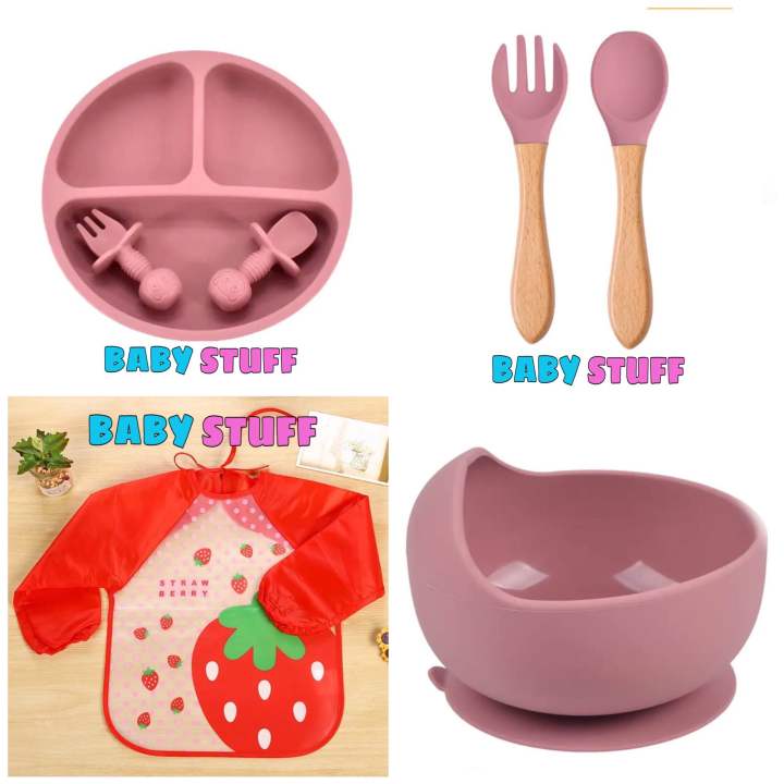 Silicon feeding Set for baby, silicone feeding bowl plate spoon fork set bear spoon fork set suction feeding set for feeding chair BPA free food Grade Led Winning feeding essential for kids Not Plastic