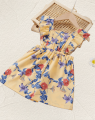 Summer girls conservative commute less sook flower print lace camisole yellow square collar pleated elastic romper. 