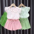 Summer Children's Suit for Girls Cute Flower Print Short Sleeve T-shirt And Shorts 2PC Set Casual Outfit Baby Kids Clothing. 