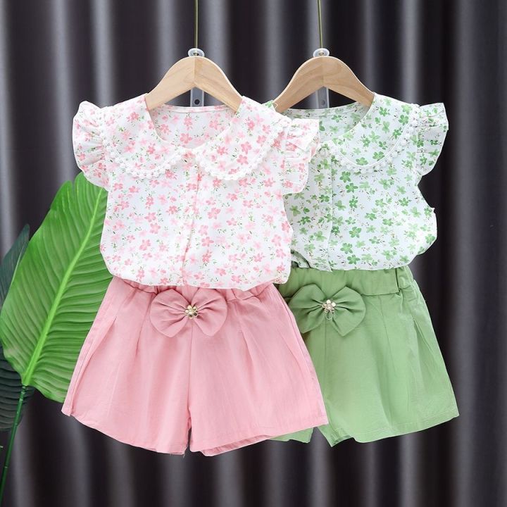 Summer%20Children's%20Suit%20for%20Girls%20Cute%20Flower%20Print%20Short%20Sleeve%20T-shirt%20And%20Shorts%202PC%20Set%20Casual%20Outfit%20Baby%20Kids%20Clothing%20-%20Image%202