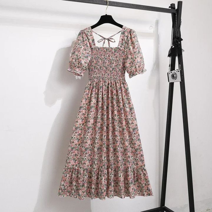 Spring%20Summer%20Chiffon%20Dresses%20Fashion%20Female%20Elastic%20Waist%20Short%20Sleeve%20Pleated%20Casual%20Dress%20Women%20A-line%20Dresses%20Vestidos%20-%20Image%205