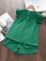 Girl 2-Piece Solid Color Ruffle Hem Sweet Top And Pleated Shorts Dress. 