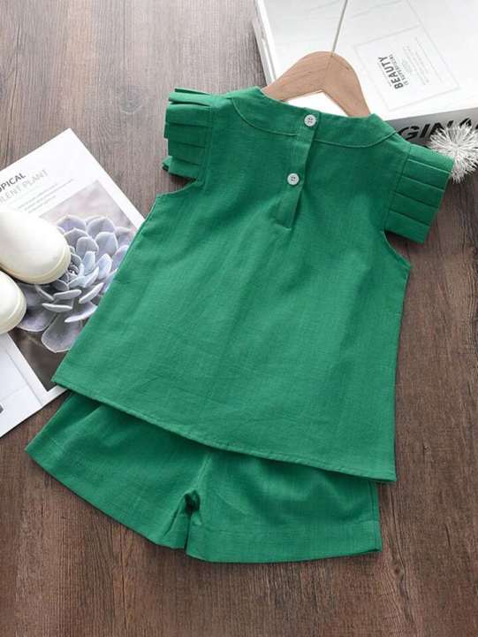 Girl%202-Piece%20Solid%20Color%20Ruffle%20Hem%20Sweet%20Top%20And%20Pleated%20Shorts%20Dress%20-%20Image%202