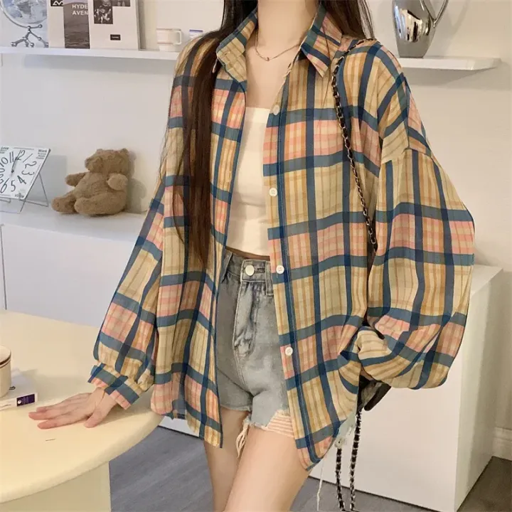 Tops%20Women%20Sheer%20Chiffon%20Plaid%20Shirt%20Long%20Sleeve%20Button%20Up%20Collared%20Oversize%20Checked%20Shirts%20and%20Blouse%20Summer%20Casual%20Outfit%20-%20Image%204