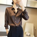 French Elegant Women Satin Glossy Shirt Summer Solid Loose Long Sleeve Blouses Office Lady's All-Match Shirt Vintage Casual Top. 
