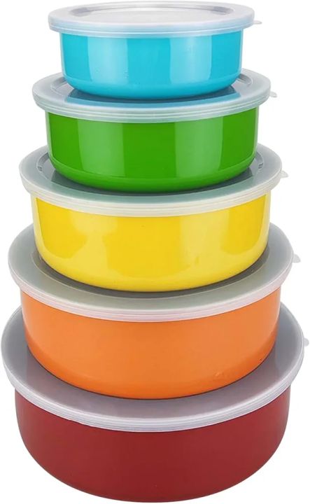 5 Pcs Stainless Steel Home Kitchen Food Container Storage Mixing Bowl Set Color Crisper Stainless Steel Round Five Piece Set with Lid Sealed Bowl UJu851 (Yellow, One Size)
