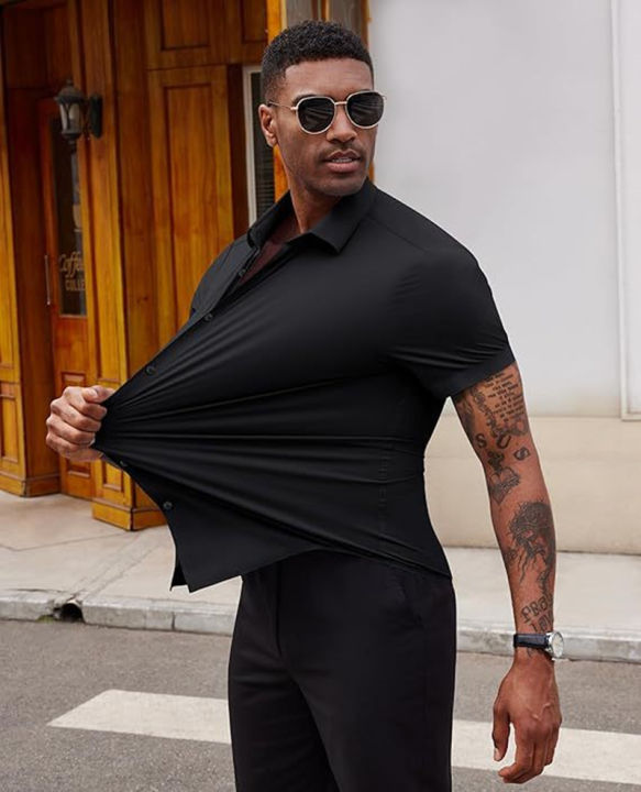 High%20Quality%20Summer%20Business%20Shirts%20For%20Men%20Short%20Sleeve%20Button%20Wrinkle%20Free%20Elasticity%20Social%20Black%20Office%20Dress%20Shirts%20US%20Size%20-%20Image%207