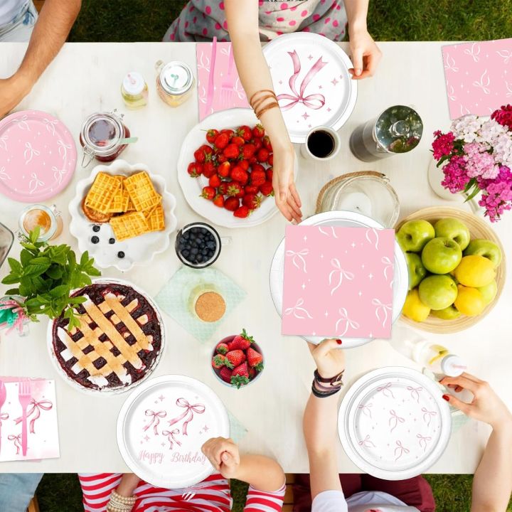 Pink%20Bow%20Birthday%20Decorations%20-%20Includes%20Bow%20Plates,Napkins,Cups,Banner,Hanging%20Swirls%20for%20Coquette%20Birthday%20Decorations%20-%20Image%203