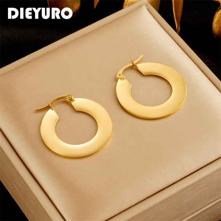 DIEYURO 316L Stainless Steel Gold Color Circle Hoop Earrings For Women Girl Fashion Ear Buckle Non-fading Jewelry  Party