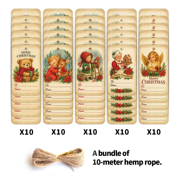 50pcs Vintage Christmas Gift Tags With Hemp Rope-Merry Christmas To-From Blank Hanging Tags,Rustic Decor For Gift Wrapping Label