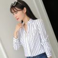 Women White Tops Blouses Fashion Stripe Print Casual Long Sleeve Office Lady OL Shirts Slim Blusas DF4970. 