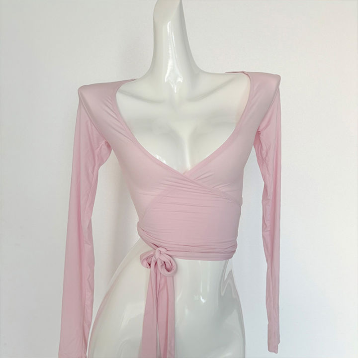 Women%20Cross%20Wrap%20Tie%20Crop%20Tops%20Yoga%20Shirts%20Long%20Sleeve%20Deep%20V%20Neck%20Solid%20Color%20Slim%20Fit%20Shirts%20Ladies%20Yoga%20Workout%20Blouses%20Tees%20-%20Image%206