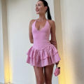 Women's Dresses 2025 Halter Pink Mini Dresses Chic v Neck Layer Ruffles Hem Dress A Line Vestido Summer Ladies Street Party Wear. 