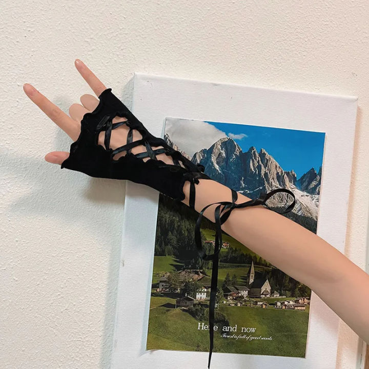 Women%20Lolita%20Jk%20Lace%20Fingerless%20Gloves%20Black%20Gothic%20DIY%20Strapping%20Sunscreen%20Sleeve%20Clothing%20Accessories%20Elastic%20Mesh%20Punk%20Gloves%20-%20Image%207