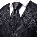 Hi-Tie Black Men Vest Paisley Jacquard Necktie Hankerchief Cufflinks Sets Male Sleeveless V-Neck Waistcoat Business Formal.