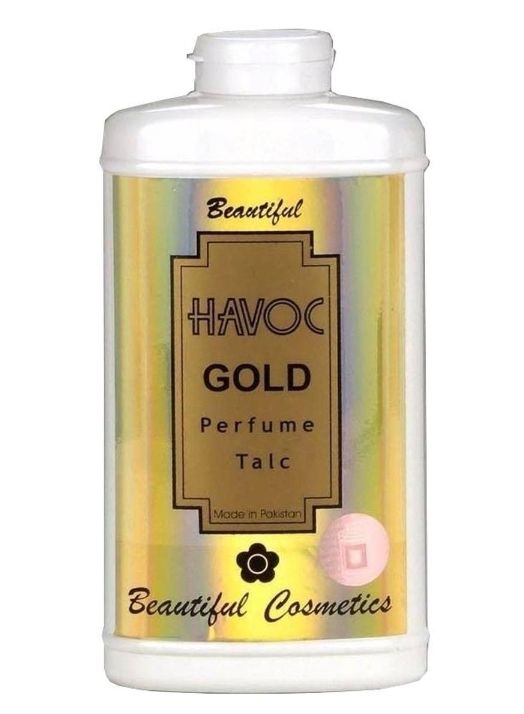 Havoc Gold Perfumed Talc, manufactured by Beautiful Cosmetics in Pakistan. Here's some information about the product: 
It is a perfumed talcum powder with a rich, floral scent.
It is designed to nourish and soften the skin while providing long-lasting fre