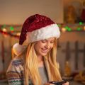 Sequin Christmas Hat Plush Solid Color Sparkle Santa Claus Hat with Long Fluffy Pompom For Adult Kids Christmas Party Decoration.