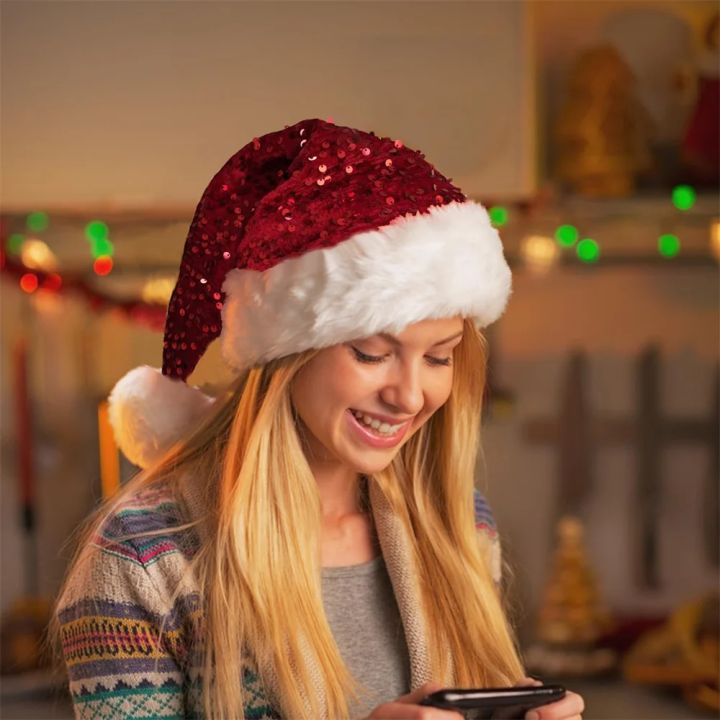 Sequin%20Christmas%20Hat%20Plush%20Solid%20Color%20Sparkle%20Santa%20Claus%20Hat%20with%20Long%20Fluffy%20Pompom%20For%20Adult%20Kids%20Christmas%20Party%20Decoration%20-%20Image%202