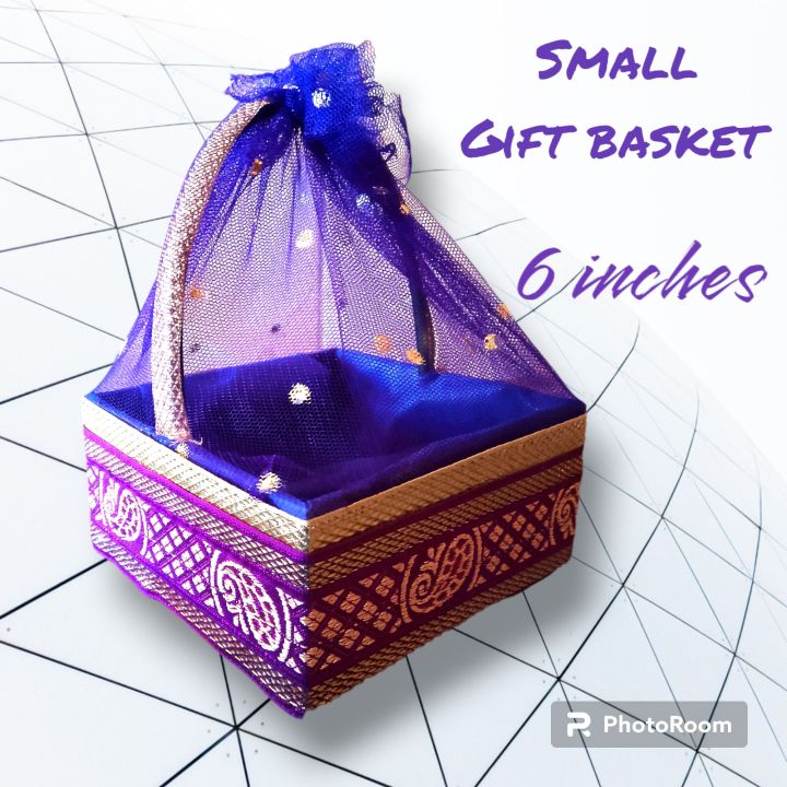 06 inches Gift Basket | 6x6 Empty Basket with Colorful Net and lace Wraps | Handcrafted for Any Event - Anniversary,Nikah, Wedding, Birthday , Mehendi ,Mayoon, Shadi , Party | Premium Quality in 13 Different Colors in 6" little square gift basket | Small