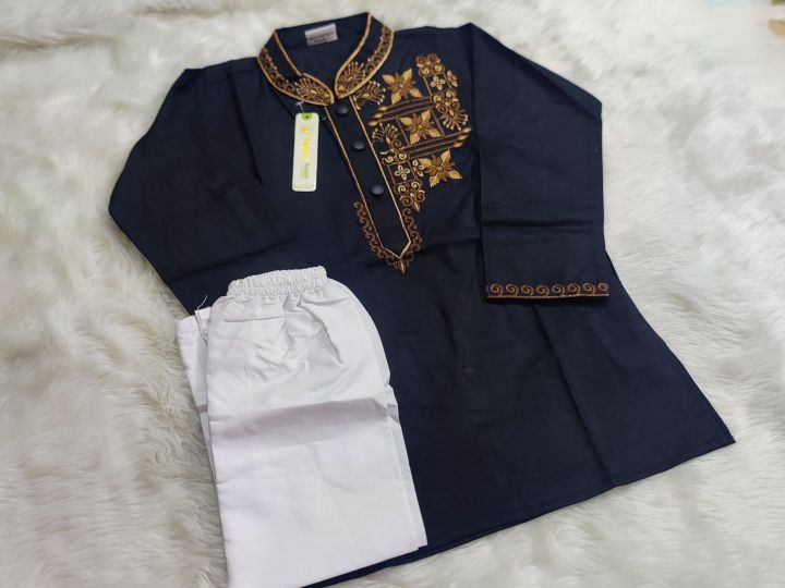 Super Eid campaign Special cotton Black colour ambrodary work panjabi for Kids and boys
