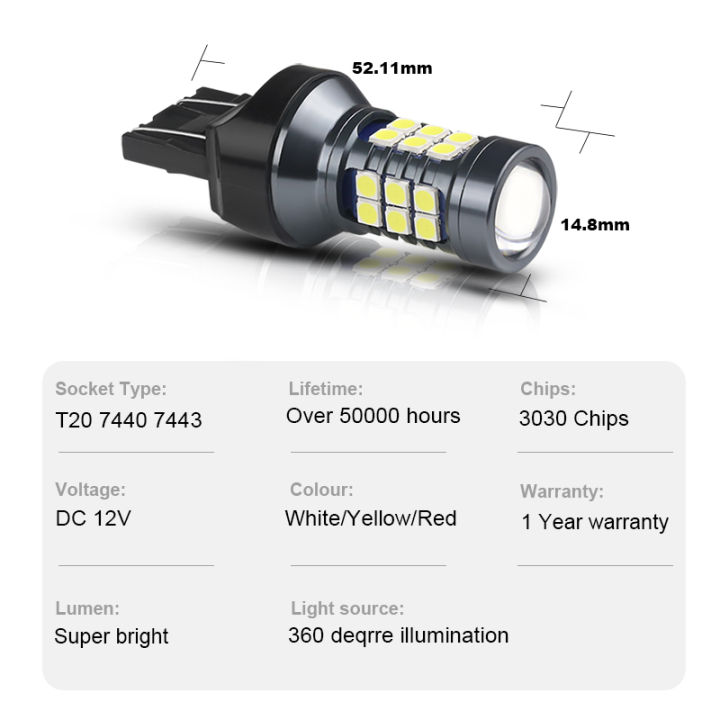 NLpearl%202x%20T20%20LED%207440%20WY21W%20W21W%20Led%20Bulbs%207443%20W21/5W%20Led%20T20%20Super%20Bright%203030SMD%20Backup%20Reversing%20Light%20for%20Car%20Signal%20Lamp%20-%20Image%206