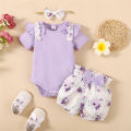 0-18Months Baby Girl Clothes Set Purple Short Sleeve Romper + Flowers Shorts with Headband Toddler Girl Summer 3PCS Outfit. 