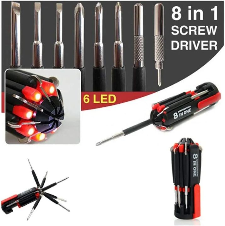 8 in 1 Portable Screwdriver Tool kit | Multifuction Screwdriver Set | Hardware Repair Tool with 6 LED Torch Combination for All Household, Car, Bike