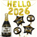 Hello 2026 Balloons Gold Banner Set With Giant New Year Bottle Balloons, Happy New Year Aluminum Foil Balloons Props Decoration. 