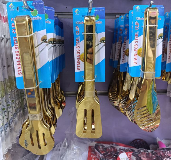 Stainless steel golden  food tongue food chimta 3pcs set mediam size