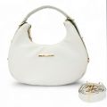 Elegant White Crescent Moon Bag with Gold-Tone Hardware and Adjustable Strap". 