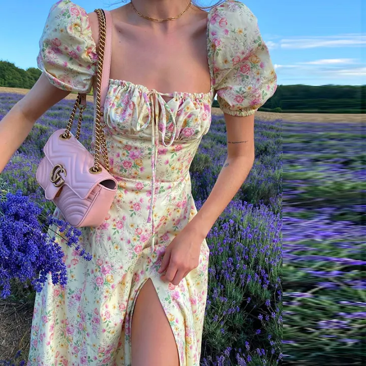 Women%20Floral%20Print%20Split%20Dress%20Sweet%20Puff%20Short%20Sleeve%20Square%20Collar%20Slim%20Fit%20Maxi%20Dress%20Holiday%20Summer%20Casual%20%20A-Line%20Dress%20-%20Image%203