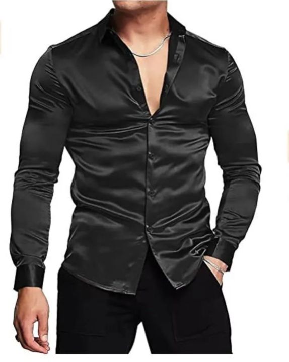 Men's luxurious shiny silk satin dress shirt Long sleeved casual slim muscle button-down shirt
