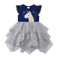 VIKITA Girls Unicorn Appliqued Cartoon Dress Kids Flare Sleeve Summer Dresses Girls Princess Mesh Tulle Tutu Layered Party Dress. 