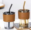 400ML Coffee Cup Creative High-Value Portable Glass Coffee Cup With Straw and Lid Iced Tea Cup Thicken Wall Insulated Glass Cup with Protect Sleeve. 