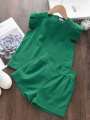 Girl 2-Piece Solid Color Ruffle Hem Sweet Top And Pleated Shorts Dress. 
