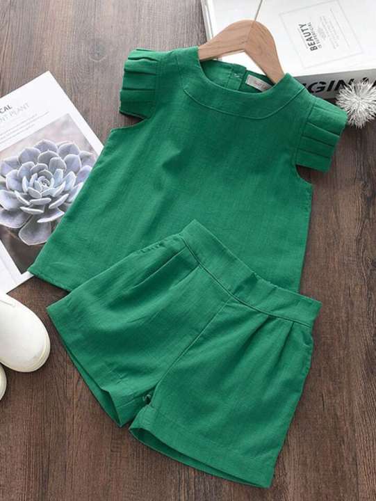 Girl 2-Piece Solid Color Ruffle Hem Sweet Top And Pleated Shorts Dress