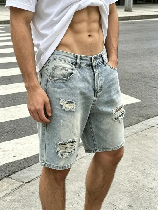 Men%20Pants%20Jeans%20Clothing%20Denim%20Trousers%20Shorts%20Men's%20Light%20Wash%20Ripped%20Distressed%20Casual%20Denim%20Shorts%20-%20Image%203