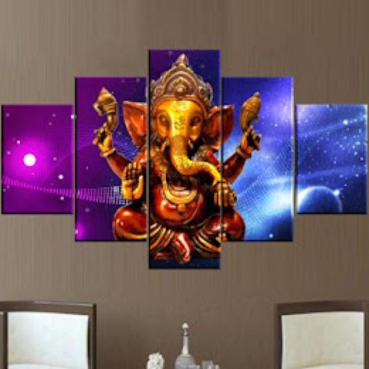5%20Piece%20Panel%20Ganesh%20Light%20Wall%20Hang%20God%20Canvas%20Art%20with%20Frame%20-%20Image%202